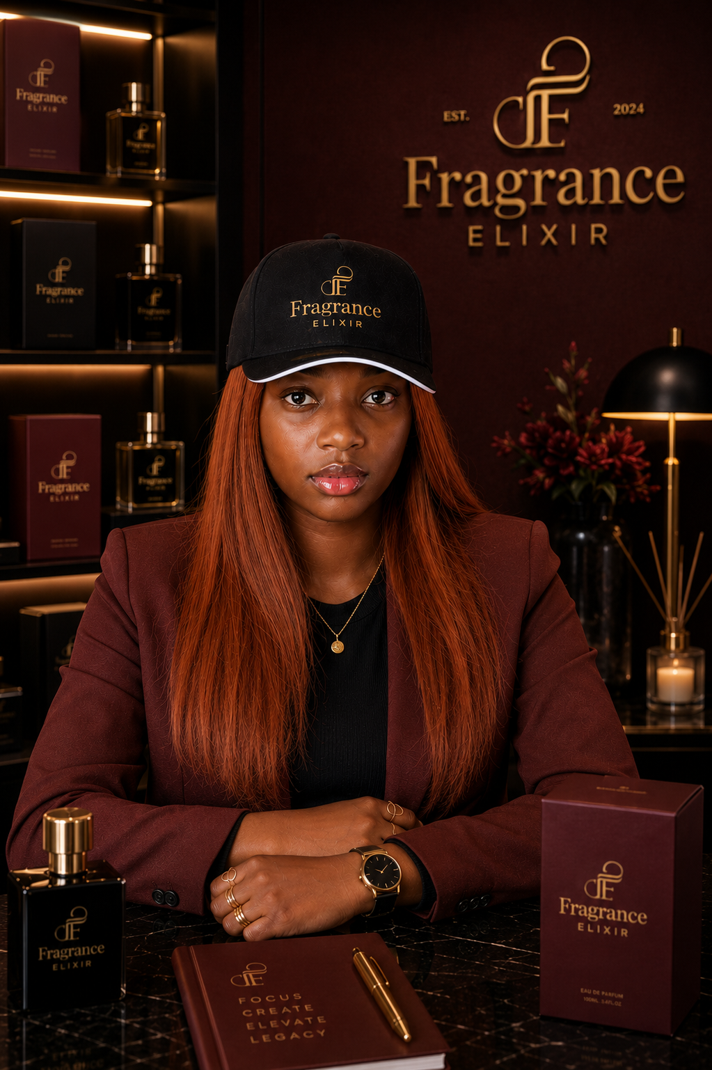 A woman holding a Fragrance Elixir bottle in warm golden light