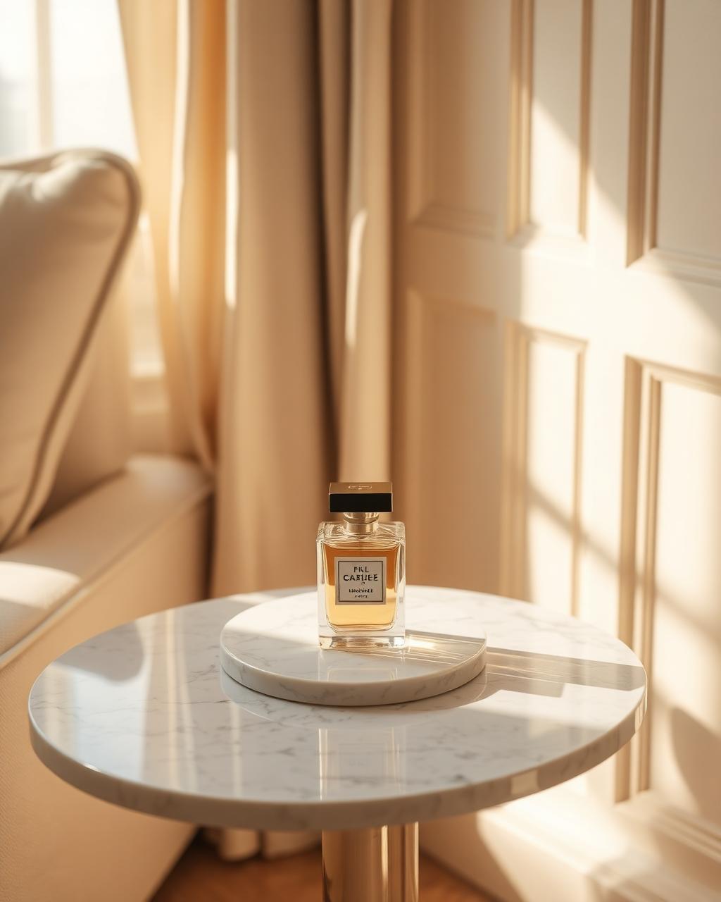 Luxury Arabian perfume bottle by Fragrance Elixir on a marble table in a sunlit apartment