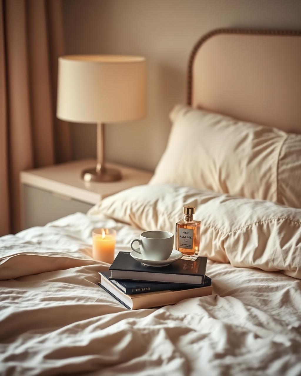 Luxury bedroom with a lit candle, books, coffee and a Fragrance Elixir perfume bottle