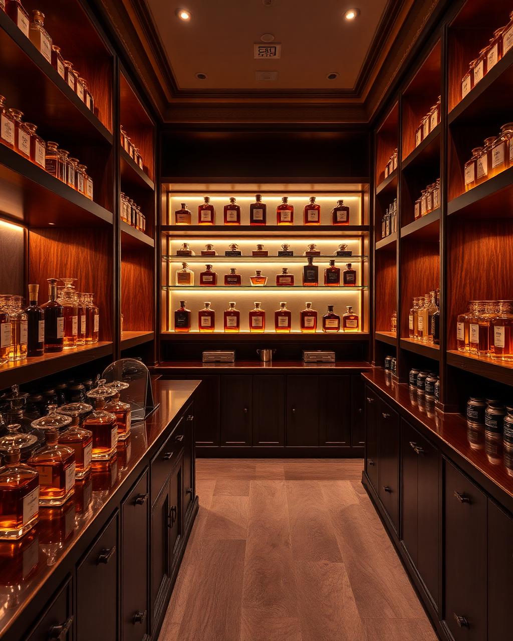 Warmly lit perfume laboratory with shelves of amber Fragrance Elixir oil bottles