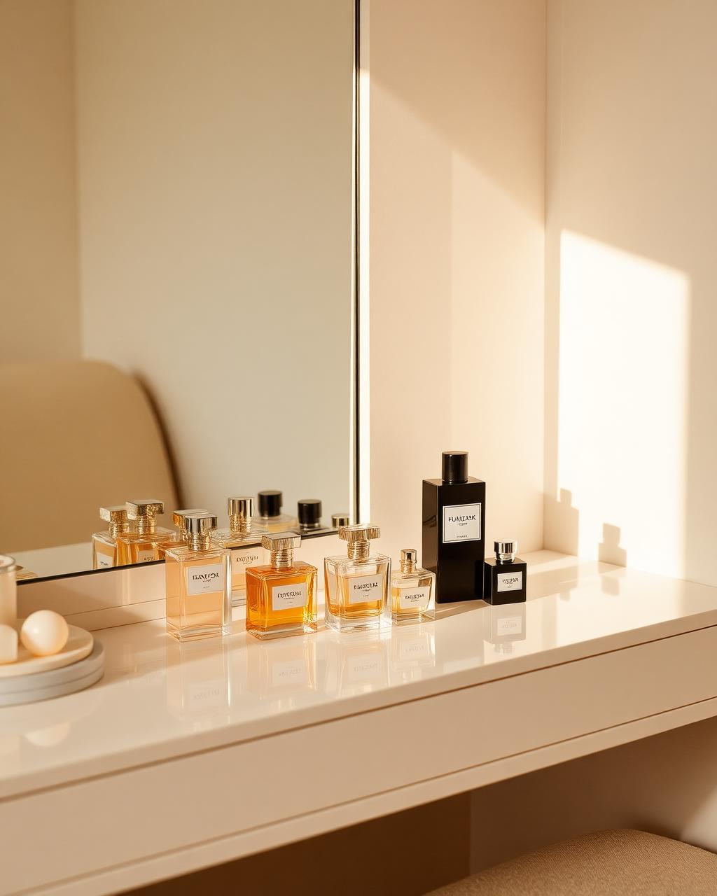Modern luxury vanity lined with designer and Arabian perfume bottles from Fragrance Elixir